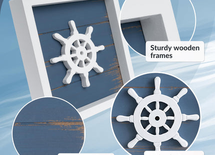 TideAndTales 3D Nautical Wall Decor (Famed Set of 3) Anchor, Lighthouse and Ship Wheel - Rustic Beach Bathroom Coastal Theme Home Decorations - Nautical Gifts, Classic Blue 7"x7"