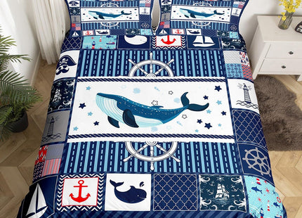 Homewish Sea Whale Duvet Cover Twin Size,Nautical Anchor Ship Rudder Plaid Comforter Cover Set for Kids Boys Girls,Navy Blue Ocean Geometric Bedding Quilt Cover Set Bedroom Decor, 2 Pieces