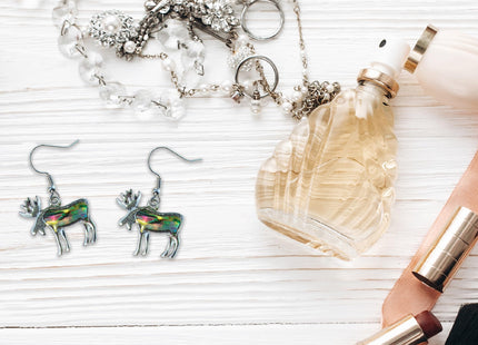 Puzzled Multi-Color Moose Earrings - Cute Wildlife Animal Moose Earrings Made with Natural New Zealand Paua Abalone Shell, Moose Jewelry For Women and Teens for Daily, Casual, and Formal Occasions