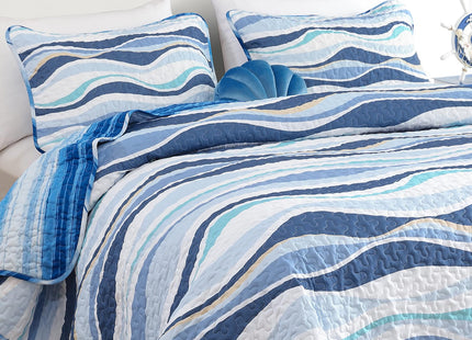 DJY Coastal Quilt King Size, 3 Pcs Ocean Blue Theme Bedspread Bedding Set