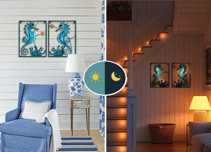 LIFFY Metal Wall Art Seahorse with Frame 13 LED lights,Beach Decor Fish Glass Sculpture Coastal Wall Hanging Ocean Theme Nautical Outdoor Decor for Patio,Garden,Yard,Pool,home gift(2pcs, Blue)