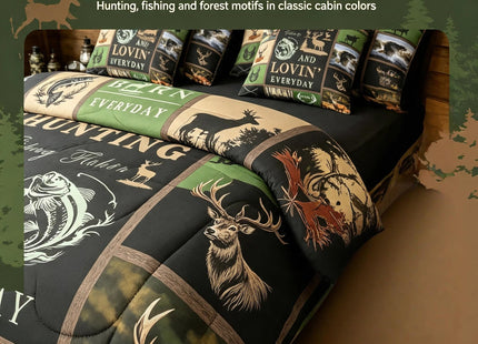 Feelyou Big Pike Fish 7 Pieces Bed in a Bag Set Deer 7 PCS Comforter Set with Sheets for Kids Boys Girls Fish and Hunt Comforter Set with Sheets Antlers Fish Fishing Rod Bed in a Bag