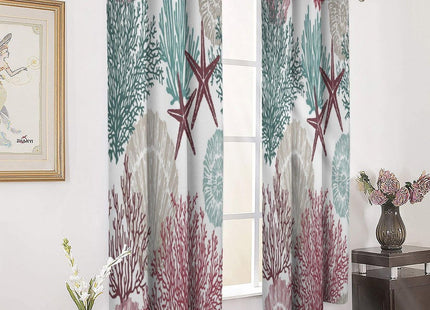 Llylumty Coastal Window Curtains Grommet Drapes Nautical Ocean Beach Sea Shells Starfish Themed Window Curtains,Grommet Blackout Curtain for Living Room Kitchen,Red Green 42x45in