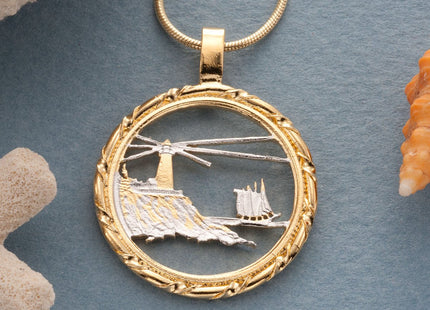 The Difference World Coin Jewelry Lighthouse Pendant & Necklace, Maine State Quarter Hand Cut