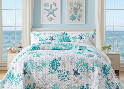 Qucover Coastal Quilt King Size 98"x106", Ocean Beach Themed Bedding with Seashell Coral Pattern, Soft Lightweight Reversible Microfiber Bedspread, Nautical Coverlet for Summer, Teal Green