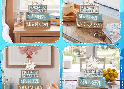 Yuntau 4 Pcs Summer Beach Decorations for Home Beach Tiered Tray Decor Starfish Coastal Rustic Starfish Wooden Block Table Sign Stacked Book Nautical Table Centerpiece for Farmhouse Office Desk Shelf