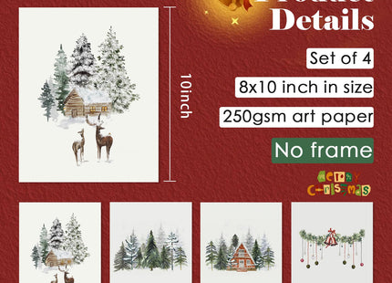 ULEGIE Christmas Winter Forest Cabin Poster Wall Art Prints Set of 4