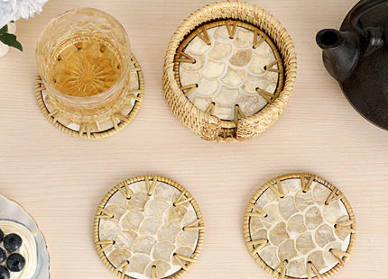 Coastal Coasters Set of 6, Boho Coaster Set with Holder, Fish Scale