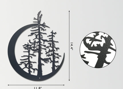Pine Tree Wall Art, Rustic Crescent Moon Metal Decor for Cabin or Farmhouse