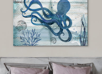 NWT Canvas Print Wall Art Octopus Under The Sea with Shells Amphibians Beach Illustrations Modern Art Nautical Scenic Relax/Calm Blue Ultra for Living Room, Bedroom, Office - 16"x24"