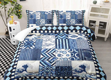 AILONEN Blue Nautical Patchwork Twin Bedding Set 3 Piece, 1 Comforter + 2 Pillowcases, Indigo Waves Sailboat Blocks for Dorm Loft Single Bed Youth Decor
