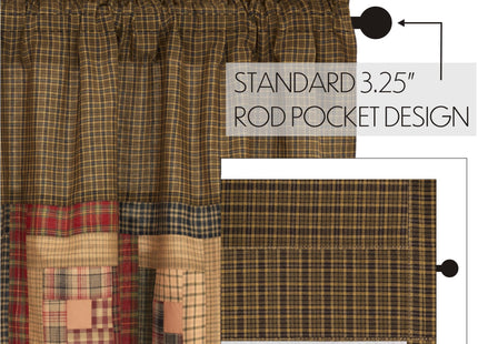 VHC Brands Tea Cabin Rustic 20"x60" Log Block Border Valance Green Thanksgiving Rod Pocket Patchwork Cotton Plaid Kitchen Window Curtains