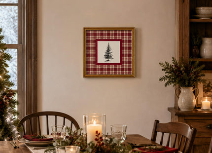 TwoDays Vintage Christmas Wall Art, Red Plaid Pine Tree Gold Framed Print