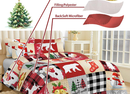 Merry Christmas Patchwork Quilt Set King- Santa Claus Bear Deer Tree Snowflakes Checkered Holiday Bedding Set - Soft Microfiber Lightweight Comforter Coverlet Bedspread(Snowman Santa, King(90"x104"))