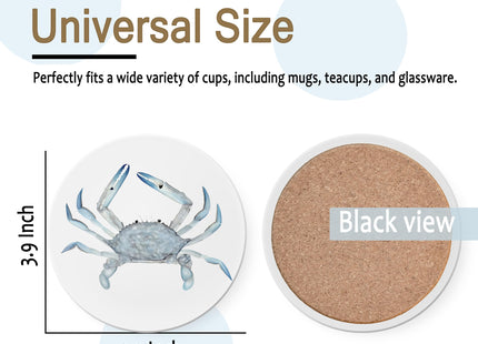 Beach Coasters Set of 4, Light Blue Coastal Beachy Nautical Ocean Crab Fish Corals Ceramic Drink Coaster Cup Mat with Cork Back for Table Decor