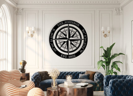 Compass Metal Sign, Nautical Compass GPS Coordinates Sign with Last Name Date, Nautical Wall Decor, Metal Compass Decor, Outdoor Large Metal Signs, Personalized Wedding Gift, Housewarming Gift