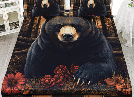 AILONEN Black Bear Fitted Sheet Set Queen Size,Hunting Woodland Wildlife Bedding Set,Country Rustic with 2 Pillowcases,3Pcs
