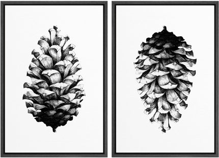 SIGNWIN Framed Canvas Print Wall Art Set Black & White Forest Woodland Pinecone Nature Wilderness Illustrations Modern Art Rustic Relax/Calm for Living Room, Bedroom, Office - 16"" x24 x2 Black