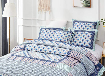 DaDa Bedding Mediterranean Minty Blue Cotton Patchwork Bedspread Set - Mid Century Nautical Breezy Ocean Waves Sea Shell - Navy Lavender Bright Colorful Coverlet Bedding - Queen - 3-Pieces