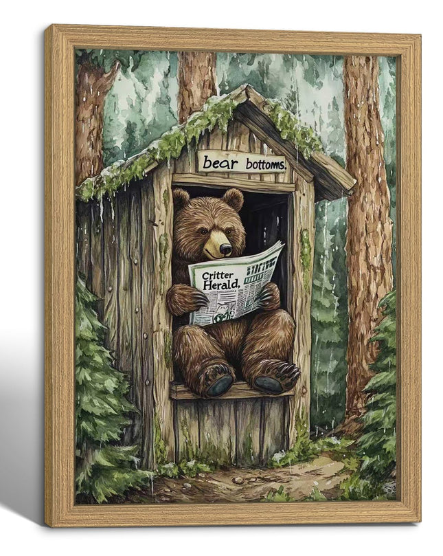 Bear Framed Canvas Wall Art Rustic Bear in Outhouse Picture Animal on Toilet Prints Forest Wildlife Painting Farmhouse Cabin Bathroom Decor for Bathroom 16x24 inches Can be hung directly