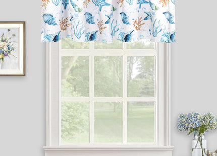 Inselnwald Coastal Curtain Valance, Starfish Conch Coral Sea Ocean Creature Nautical Window Toppers Valances for Kitchen Bedroom Rod Pocket, 52Wx18L Inch, Blue