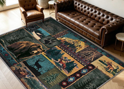 Rustic Cabin Area Rug 5x7, Washable Southwestern Rugs for Living Room, Blue