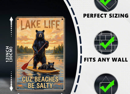 KIKIWALSGN Lake Life Signs Black Bear Decor Cuz Beaches Be Salty Tin Signs