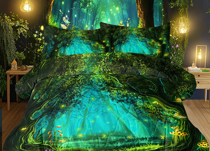 SOULZZZ Forest Comforter Set Queen Size Premium Microfiber Green Forest Mushroom Butterfly Flower Pattern Comforter 3 Piece Aesthetic Green Bedding Set with 2 Pillow Shams