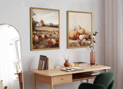 3-piece Framed Autumn Pumpkin Canvas Wall Art, Rustic Farmhouse Fall Harvest Pumpkin Pinecone Acorn Print Picture, Thanksgiving Country Landscape Wall Decor for Living Room Kitchen Bedroom 12x16 inch