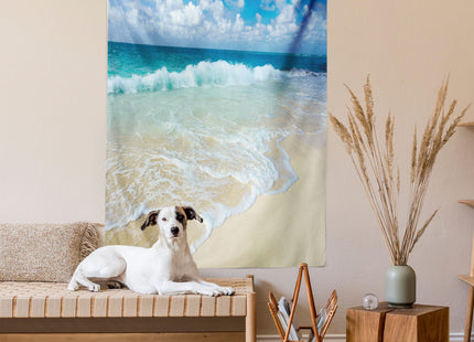 Lunarable Wave Tapestry Twin Size, Beach Foamy Waves on Empty Sea Shore Holiday Theme Serene Coastal, Wall Hanging Bedspread Bed Cover Wall Decor, Twin Size, Sand Blue, 68" Width x 88" Length