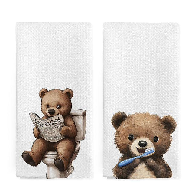 nvucamd Funny Bear Hand Towels for Kids Boys Bathroom Set of 2, Cute Bear Lovers Gifts Dish Tea Towels, Kids Bears Hand Towel for Toilet Washroom Kitchen Decor, 16x24 Inch