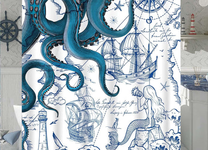 Fungarth Funny Scuba Octopus Shower Curtain Teal Blue Sea Ocean Kraken Shower Curtains for Bathroom Cool Nautical Anchor Fish Waterproof Fabric Bath Curtain Decor with Hooks (Teal, 72” x 72”)
