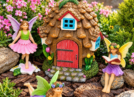 Fairy Garden Figurines & Pinecone House - 4-Piece Miniature Decorative Set