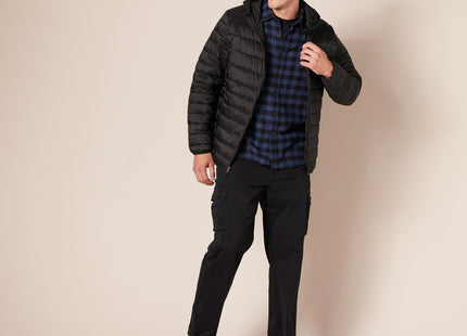 Amazon Essentials Men's Lightweight Water-Resistant Packable Hooded Puffer Jacket, Black, Medium