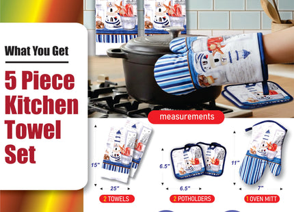 Lobyn Value Packs Nautical Lighthouse 5 Piece Kitchen Towel Set with 2 Decorative Dish Towels (25 X15), 1 Oven Mitt (11 X 7) and 2 Potholders (6.5 X 6.5) Coastal Blue Kitchen Accessories