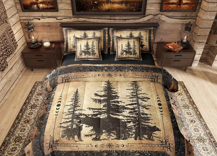 Erosebridal Rustic Bear Comforter Set Queen 7 Piece Woodland Wildlife Hunting Bed in A Bag Farmhouse Cabin Lodge Bedding Comforter Sets for Kids Adults Men Black Retro Country Animal Bed Set