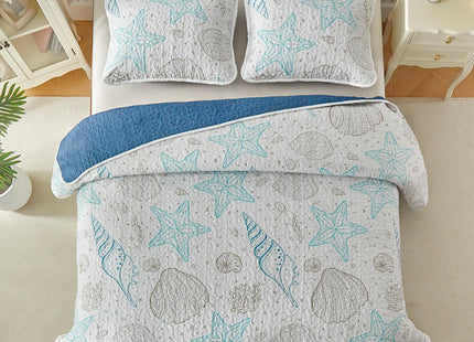 Coastal Quilt Sets Queen Size - Reversible Microfiber Ocean Style with Starfish Scallop Shell Soft Beach Bedding Nautical Bedspread Coverlet Summer Comforter with 2 Shams