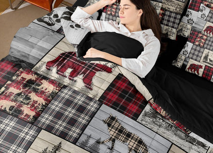 Erosebridal Rustic Cabin King Comforter Set 7 Piece Red Black Farmhouse Buffalo Plaid Bedding Sets Hunting Wolf Bear Deer Bed in A Bag with Sheets Country Wildlife Animal Theme Bed Sets Lodge Decor