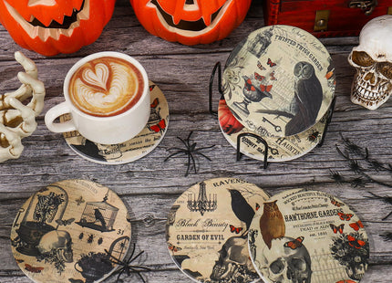 Whaline 6Pcs Halloween Coasters with Holder Vintage Owl Crow Skull Ceramic Drink Coasters Absorbent Cup Mat for Home Kitchen Party Table Protection