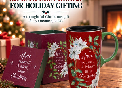 Topadorn 17oz Poinsettia Holly Ceramic Coffee Mug with Lid & Gift Box