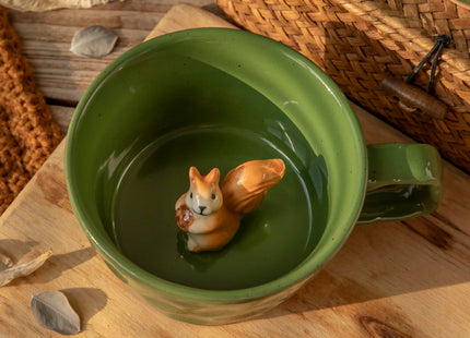 DIHOclub Farmhouse Ceramic Coffee Mug with Squirrel Figurine – Rustic Stoneware Cup, Matte Finish, Ideal for Breakfast & Home Decor (Green Squirrel)