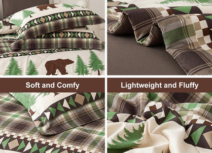 Comforter Set King Size Rustic Bear Comforter Bedding-7 Piece Bed in a Bag, Soft Fluffy Reversible Microfiber Bedding Set(1 Comforter,1 Flat Sheet,1 Fitted Sheet,2 Pillowcases,2 Pillow Shams),Green
