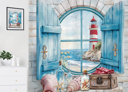 Beach Lighthouse Ocean Sea Teal Coastal Wooden Bathroom Shower Curtain Set