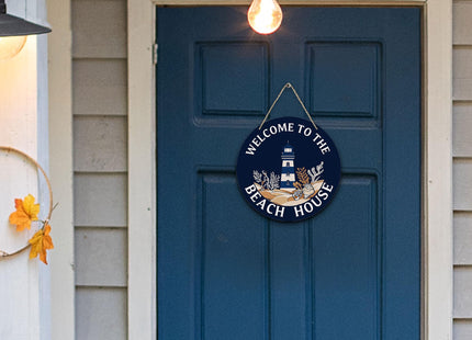 PHAMTE Coastal Beach House Round Wreath Sign, Navy Blue Nautical Lighthouse Wall Hanging Plaque Wood Sign, Welcome to the Beach House Decor Decorations for Wall Pediments Door Porch Room 12 Inch