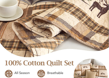 100% Cotton Rustic Cabin Bear Moose Quilt Set, Neutral Brown, Queen 90"x98"