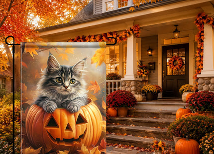 BlissYard Halloween Garden Flag 12x18Inch Maine Coon Cat Pumpkin Fall Decor