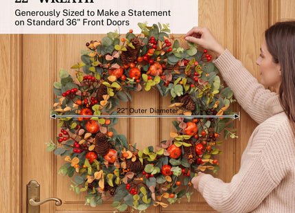 Pudate Fall Wreath 22 Inch Eucalyptus Pinecone Pumpkin Front Door Décor