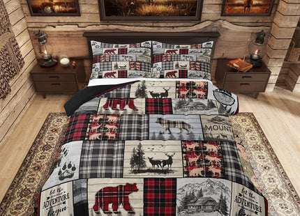 Rustic Cabin Comforter Set Queen Woodland Wolf Deer Bear Comforter For Kids Adults,Red Black Buffalo Plaid Bedding Set Wildlife Camping Lodge Mountain Quilt Bedding Southwestern Farmhouse Decor