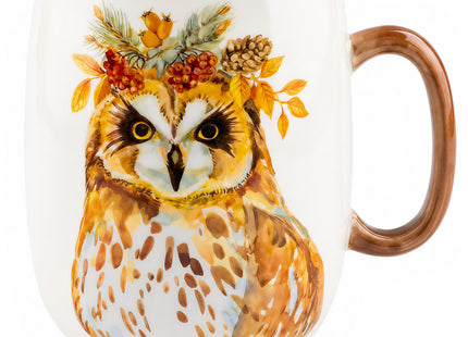 Moqidadii 24 oz Porcelain Coffee Mug, Hand-Painted Owl, Wood-Tone Handle