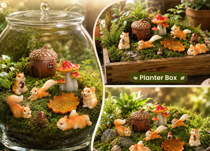 Delighture Fairy Garden Accessories, 9 Pieces Squirrel Resin Figures with Pinecone House Mushroom Leaf, Handmade Miniature Decor, Garden Miniatures Decors for Outdoor Home, Perfect DIY Gift
